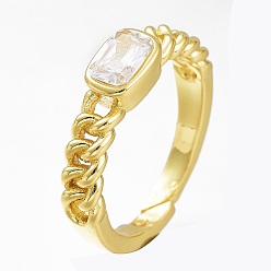Clear Adjustable Brass Micro Pave Cubic Zirconia Cuff Rings, Open Rings, Long-Lasting Plated, Rectangle, Golden, Clear, US Size 6(16.5mm)