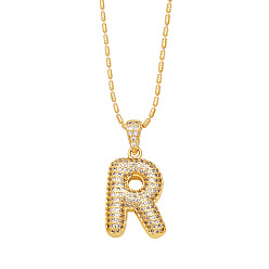 Letter R Brass Micro Pave Cubic Zirconia Pendant Necklaces, Golden, Letter R, 16.54 inch(42cm), Pendant: 24~30x13~22mm