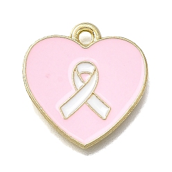 Pink Подвески из эмали и сплава, золотые, Сердце с осознанием ленты, розовые, 17.5x17x1 мм, отверстие : 1.6 мм
