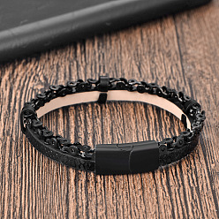 Negro Pulseras de cuero sintético trenzado negro y acero inoxidable con cierres magnéticos para hombre., negro, 316 pulgada (2 cm)