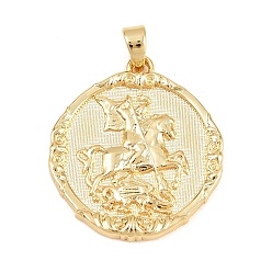 Золотой Латунные подвески, Плоская круглая форма с подвесками в виде Святого Георгия и лошади., золотые, 31.5x28x3.5 мм, отверстие : 4x6 мм