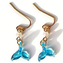 Cielo Azul Oscuro Pendientes colgantes de cristal de murano hecho a mano, cola de pescado, dorado, cielo azul profundo, 30 mm