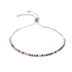 Colorful Cubic Zirconia Tennis Bracelet, Real Platinum Plated Brass Slider Bracelet for Women, Nickel Free, Colorful, 10.63 inch(27cm)