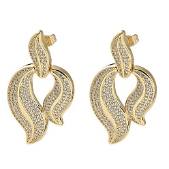 Real 16K Gold Plated Rack Plating Brass Micro Pave Cubic Zirconia Dangle Stud Earrings, Leaf, Real 16K Gold Plated, 44x24mm