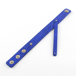 Blue Imitation Leather Cord Snap Bracelets, Platinum, Blue, 200x18mm, short Cord: 8mm 