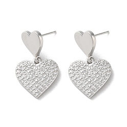 Platinum Brass Pave Clear Cubic Zirconia Stud Earrings for Women, Heart, Platinum, 28.5x17mm