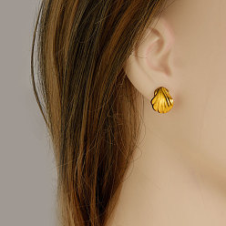 Настоящее золото 18K Серьги-гвоздики из ракушек из нержавеющей стали, реальный 18 k позолоченный, 14x13 мм