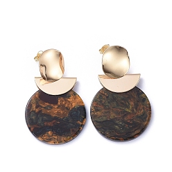Colorful Cellulose Acetate(Resin) Dangle Stud Earrings, with Real 18K Gold Plated Brass Stud Earring Findings, Brass & Plastic Ear Nuts and Cardboard Boxes, Flat Round, Colorful, 46mm, Pin: 0.7mm