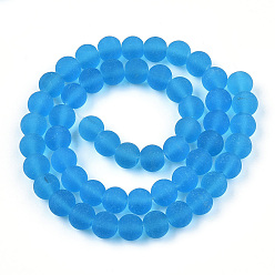 Deep Sky Blue Transparent Glass Beads Strands, Frosted, Round, Deep Sky Blue, 8~8.5mm, Hole: 1.5mm, about 51~53pcs/strand, 14.96 inch~15.55 inch(38~39.7cm)