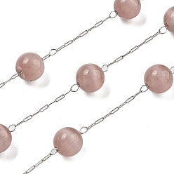 Розово-Коричневый 304 цепи из нержавеющей стали со стеклянными звеньями «кошачий глаз», пайки, с катушкой, круглые, розово-коричневый, 13x7.5 мм