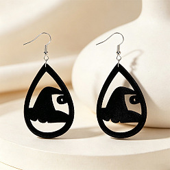 Black Iron & Faux Suede Dangle Earrings for Women, Teardrop with Witches Hat, Black, 80x36mm