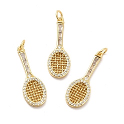 Real 18K Gold Plated Rack Plating Brass Cubic Zirconia Pendants, Tennis Racket Charms, Long-Lasting Plated, with Jump Rings, Cadmium Free & Lead Free, Real 18K Gold Plated, 28x10x2mm, Hole: 3mm