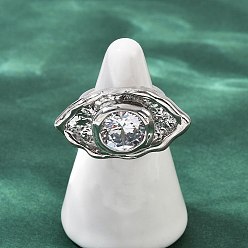 Платина Латунные регулируемые открытые манжеты из кубического циркония для женщин, без кадмия и без свинца, лошадиный глаз , платина, 17x29.5 мм