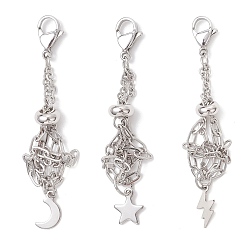 Платиновый & Цвет Нержавейки 3 шт. 304 мешочек из нержавеющей стали в технике макраме, пустой держатель для камней, подвесные украшения, с застежками-карабинами и латунными подвесками в виде луны, звезд и молний, платины и нержавеющая сталь цвет, 62~65.5 мм