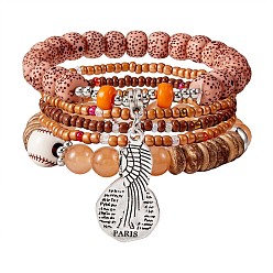 Коричневый 5шт 5 стильные браслеты из дерева, стекла и акриловых бусин с бейсбольным мячом, богемные составные браслеты с крыльями из сплава и парные подвески для женщин, кофе, 7-1/8 дюйм (18 см), 1 шт / стиль