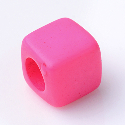 Deep Pink Solid Color Acrylic European Beads, Cube Large Hole Beads, Deep Pink, 7x7x7mm, Hole: 4mm, about 1900pcs/500g
