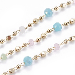 Разноцветный Ручной цепи стекло бисером, пайки, с медными цепями и бусами, долговечный, с катушкой, граненые, шайба, реальный 18 k позолоченный, красочный, 1.5x1.5x1.5 мм, около 32.8 футов (10 м) / рулон