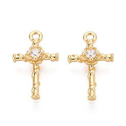 Настоящее золото 18K Подвески из латуни с прозрачным фианитом, крестик, без никеля , реальный 18 k позолоченный, 15x9x3 мм, отверстие : 1.2 мм