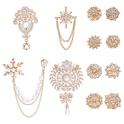 Золотой 16шт. 5 стили цветочные броши из сплава со стразами для одежды, золотые, 24~125x24~64 мм