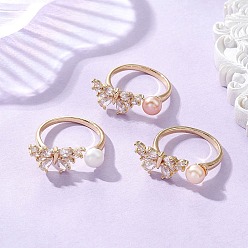 (52) Непрозрачная лаванда 3шт. 3 цвета бабочка латунь микропаве кубический цирконий браслет открытые кольца, с натуральными культивированными пресноводными жемчужными бусинами высшего сорта 3а, реальный 18 k позолоченный, разноцветные, 18 мм, 1 шт / цвет