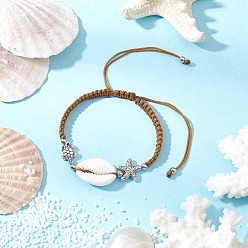 Верблюжий Плетеные браслеты из бисера из натуральной раковины каури для женщин, черепаха и морская звезда, с нейлоновой нитью и бусинами из сплава в тибетском стиле, верблюжие, внутренний диаметр: 2 дюйм(5см)~ 3-3/8 дюйм(8.7см)