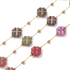 Golden Brass & Handmade Lampwork & Steel Beaded Chain, Four Leaf Clover, Soldered, with Spool, Golden, 10.5x10.5x4.5mm