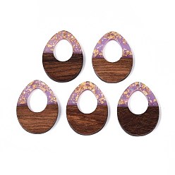 Средний Фиолетовый Подвески из непрозрачной смолы и орехового дерева, слезинки, с блестящей пудрой и золотой фольгой, средне фиолетовый, 37.5~38x28x3~4 мм, отверстие : 2 мм