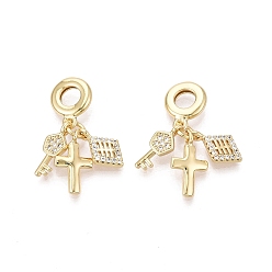 Cross Латунь микропаве прозрачный кубический цирконий европейские подвески с подвесками, Подвески с большими отверстиями, реальный 18 k позолоченный, ключ к кресту и ромбу, 30 мм, отверстие : 5 мм.