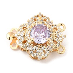 Crown Латунные застежки из прозрачного кубического циркония с микропаве, 2 нитей, 4-луночное, со стразами из сиреневого стекла, корона, 17.5x22x9 мм, отверстие : 1.4 мм