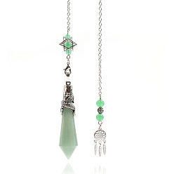 Green Aventurine Natural Green Aventurine Cone Dowsing Pendulum Big Pendants, with Meatl Woven Net/Web with Feather, Pendant: 68x16mm