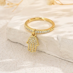 Hamsa Hand Латунные кольца-подвески с микропаве из кубического циркония для женщин, золотые, хамса рука, 14x9 мм, внутренний диаметр: 16мм~19мм