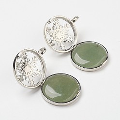 Fluorite Natural Fluorite Pendants, with Brass Diffuser Locket Findings, Flat Round with Snowflake, 31x26x8mm, Hole: 4mm