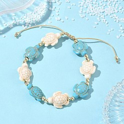 Золотой Регулируемые браслеты из плетеных бусин из синтетической бирюзы и немагнитного гематита., Браслеты из плетеной нейлоновой веревки для женщин и мужчин, черепаха, разноцветные, золотые, внутренний диаметр: 1.97~3.15 дюйм (5~8 см)