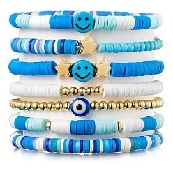 Светло-Голубой 7шт. браслеты с улыбающимся лицом из сплава и полимерной глины heishi и ccb из пластика и акрила с бусинами для женщин и дружбы, Небесно-голубой, 6-3/4 дюйм (17 см)
