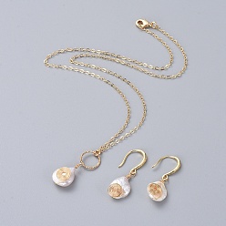 Blanc Perle naturelle baroque perle keshi, ensembles de bijoux de perles de culture d'eau douce, pendentifs et boucles d'oreilles dangle, avec chaînes à câbles en laiton et crochets pour boucles d'oreilles, larme, réel 18 k plaqué or, boîte en carton, blanc, 15.9 pouce (40.5 cm), 32mm, pin: 0.8 mm