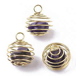 Аметист Железные спиральные подвески для бусин, с бусинами из натурального аметиста внутри, круглые, золотые, 21x24~26 мм, отверстие : 5 мм