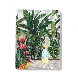 Green Embossed Printed Acrylic Pendants, Rectangle Charms with Scenery Pattern, Green, 41.5x31x2.7mm, Hole: 1.6mm