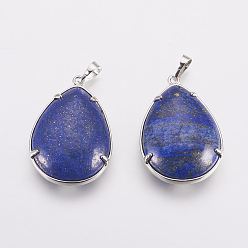 Lapis Lazuli Natural Lapis Lazuli Pendants, with Brass Findings, Teardrop with Tree, Dyed, Platinum, 37x25~26x10~11mm, Hole: 5x8mm
