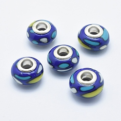 Blau Handgemachte  europäischen Fimo-Perlen, mit versilberten Messingkernen, Großloch perlen, Rondell, Blau, 13~16x8~11 mm, Bohrung: 4.5~5 mm