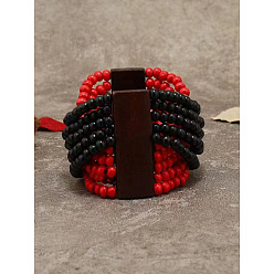 Красный Этнический стиль крест деревянные круглые бусины эластичные браслеты для мужчин и женщин, красные, 3-1/8x2-3/8 дюйм (8x6 см)