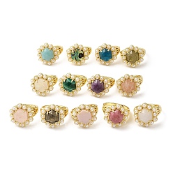 Mixed Stone Ion Plating(IP) Natural Mixed Gemstone Hexagon Adjustable Ring with Plastic Pearl Beaded, Real 14K Gold Plated Brass Jewelry, Inner Diameter: 16.5~17mm