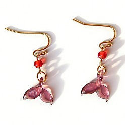 Pálida Violeta Roja Pendientes colgantes de cristal de murano hecho a mano, cola de pescado, dorado, rojo violeta pálido, 30 mm