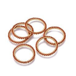 Chocolate MIYUKI & TOHO Handmade Japanese Seed Beads, with 304 Stainless Steel Link Rings, Loom Pattern, Ring, Golden, Chocolate, 22~23x1.7mm