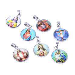 Mixed Color Jesus Theme Glass Pendants, with 201 Stainless Steel Findings, Flat Round, Mixed Color, 26.5x22x6.5mm, Hole: 6x4mm