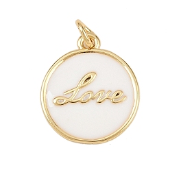 Белый Латунь эмаль подвески, с целью перехода в кольце, плоские круглые со словесными любовными чарами, без свинца и без кадмия, долговечный, реальный 18 k позолоченный, стойки покрытие, белые, 16.5x14x1.5 мм, отверстие : 2.5 мм
