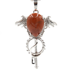 Red Jasper Natural Red Jasper Pendants, with Platinum Plated Brass Findings, Wing with Key Charms, 47x32x11mm