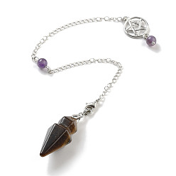 Тигровый глаз Природные маятники с заостренным кончиком тигрового глаза, с реечной обшивкой латунными выводами, конус, 235 мм