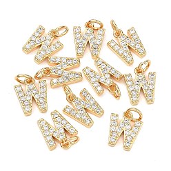 Letter W Colgantes Shegrace de latón con microengaste de circonitas cúbicas transparentes, sin níquel, real 18 k chapado en oro, Dijes de la letra w, 12x10x2.5 mm, anillo de salto: 5x1 mm, diámetro interior: 3 mm