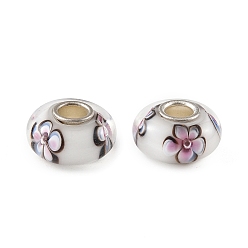 White Lampwork & Brass Core European Beads, Large Hole Beads, Rondelle with Flower, White, 15x7.5mm, Hole: 4mm