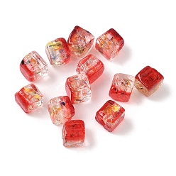 Красный Запеченные бусины ручной работы из золотистого песка с росписью, кубические, красные, 8~9x9x6~7 мм, отверстие : 1.8 мм